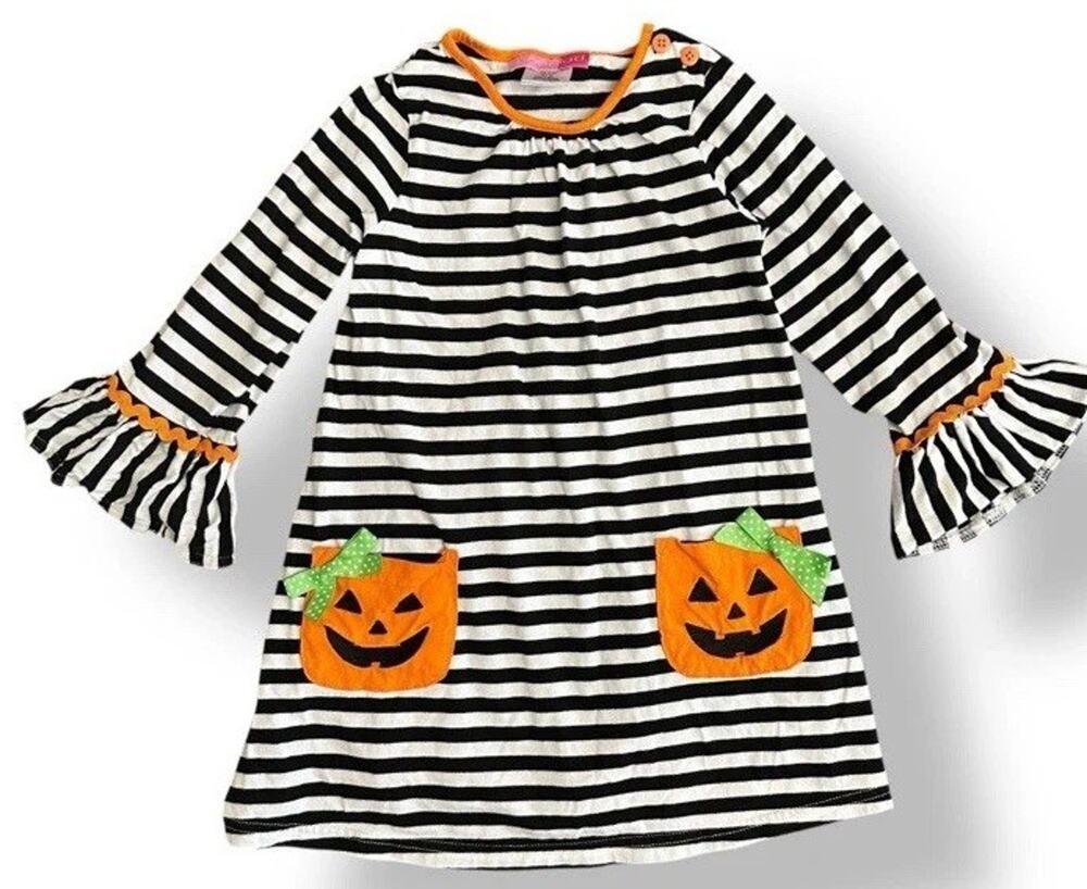 Goodlad Girls 3T Halloween Dress Pumpkin Pockets Black White Bell Sleeve Cotton